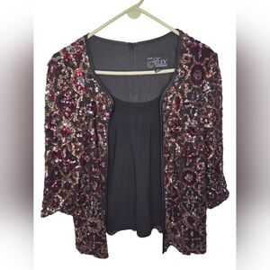 Alex Evenings Red Mock Twinset Attached Sequin Jacket Black Cami Size LP